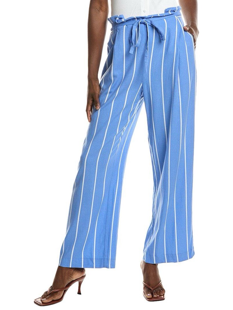 Nvlt Linen Blend Blue Striped High Waist Wide Leg Paper Bag Pants